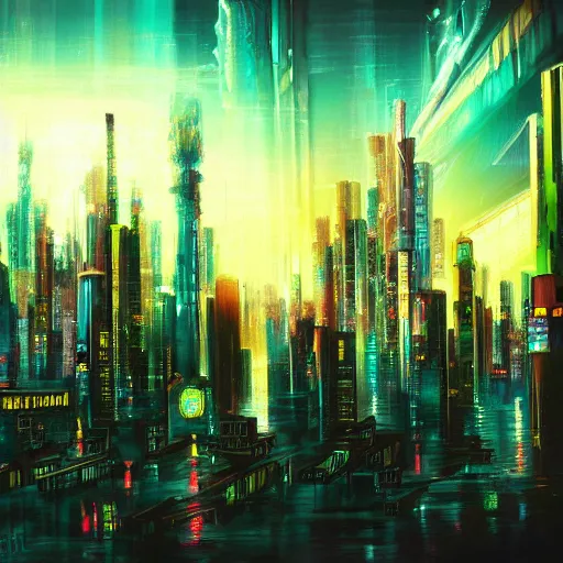 Prompt: a beautiful painting of a cyberpunk city