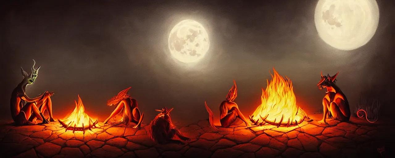 Image similar to strange mythical beasts of sitting around a fire under a full moon, surreal dark uncanny painting by ronny khalil