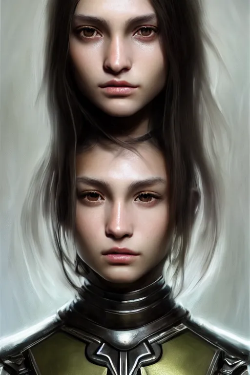Image similar to a photorealistic character portrait of an attractive young girl, partially clothed in metal-plated battle armor, olive skin, long dark hair, beautiful bone structure, symmetrical face, perfect eyes, intricate, elegant, digital painting, concept art, illustration, sharp focus, minimal artifacts, volumetric lighting, from Metal Gear, in the style of Ruan Jia and Mandy Jurgens and Greg Rutkowski, trending on Artstation, award winning