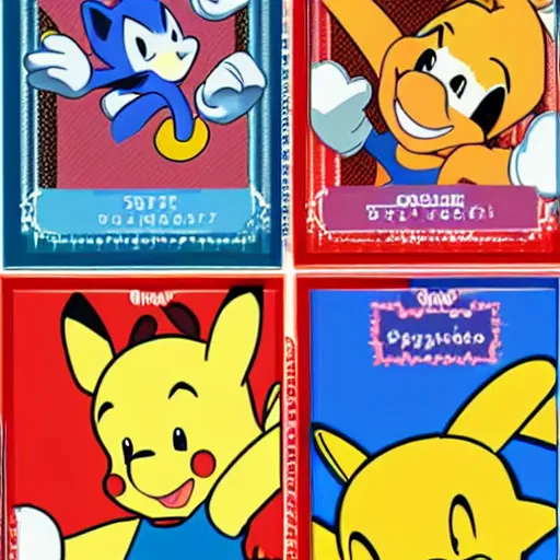 Image similar to photograph of winnie the pooh and super mario and sonic the hedgehog anime style, on pokemon card packs at target