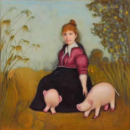 Image similar to portrait of female with piglet