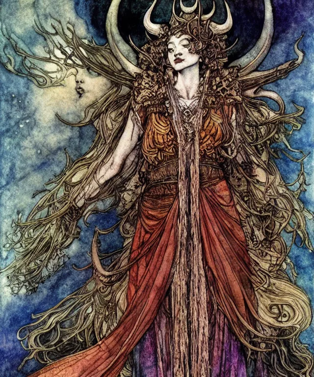 Image similar to A detailed horned many-multiplefaced-goddess stands among the cosmos. Wearing a ripped mantle-robe in cosmic texture. Blurred smudged faces, extremely high details, realistic, fantasy art, solo, masterpiece, colorful art by Arthur Rackham, Dariusz Zawadzki