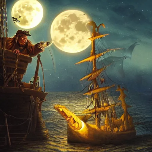 Image similar to a giant anglerfish luring a pirate standing on a ship in the night with a full moon