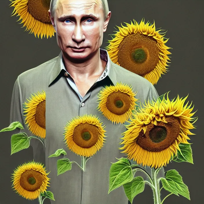 Prompt: photo portrait of Vladimir Putin - sunflowers - dressed in leisure shirt with ornamental ethereal sunflower pattern, natural skin tone, highly detailed realistic flowers ornament on the shirt, war in the background, hair, eyebrows and wrinkles are intricate with highly detailed realistic flowers, elegant, Realistic, Refined, Highly Detailed, natural soft pastel lighting colors scheme, fine art photography by Cecil Beaton, volumetric lighting, hyper realistic photography