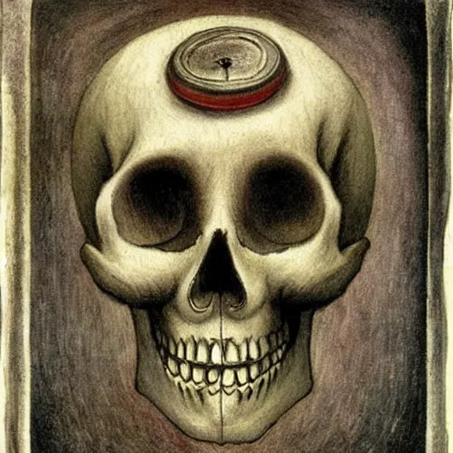 Image similar to A beautiful mixed media art of a skull that is part organic, part mechanic. It is an accurate representation of how the artist sees the world. dolls house by Alfred Kubin balmy