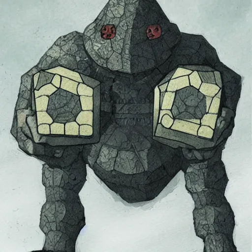 Image similar to Golem with a 12 sided dice as head. Dark Fantasy, concept art, art by Kouichirou Harada