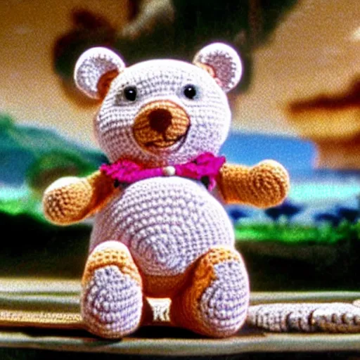 Prompt: anime, a multicolored crochet teddy bear, movie still, studio ghibli