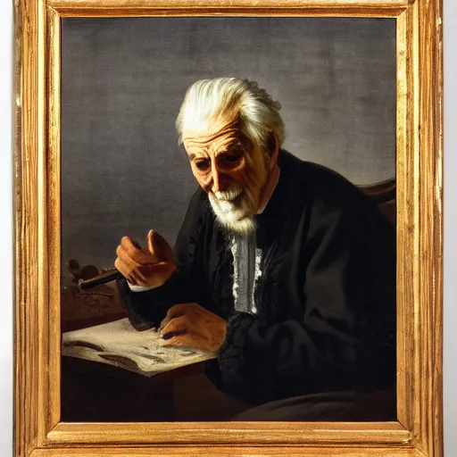 Image similar to a matte oil painting, baroque, wistful old man stares at an empty page, longing desparate expression,