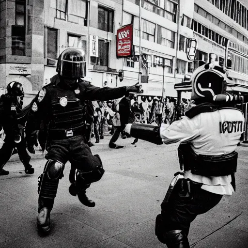 Prompt: a riot cop beating a clown, leica m 9, voigtlander 3 5 mm, 1 9 6 0 s