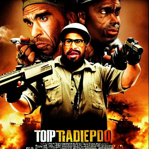 Image similar to a poster of the movie tropic thunder 2 0 0 8, with all the cast, life magazine, editorial photograph, 4 k, jungle, atmospheric light