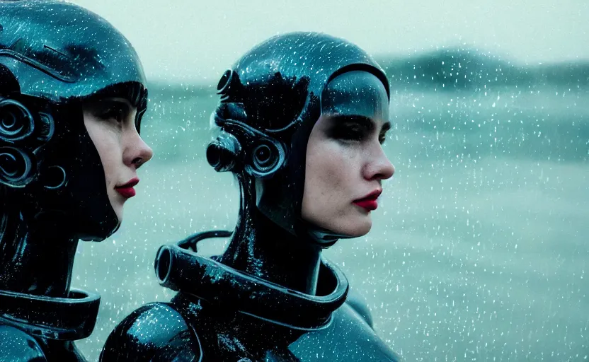 Image similar to cinestill 5 0 d candid action photographic portrait by christopher nolan of two loving female androids wearing rugged black mesh techwear in treacherous waters, extreme closeup, modern cyberpunk retrofuturism moody emotional cinematic, pouring iridescent rain, 8 k, hd, high resolution, 3 5 mm, f / 3 2, motion blur, ultra realistic faces, ex machina