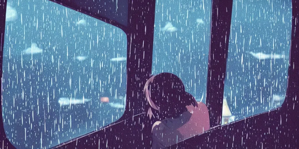 Prompt: Girl sitting in a window seat in a bus at night, raining, cinematic lighting, style by Makoto Shinkai