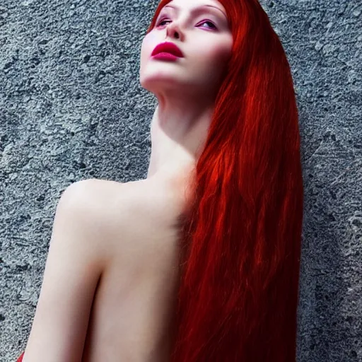 Image similar to tall woman, lithe goddess, soft red hair, fair skin, art nouveau, flushed cheeks, pink lips, beautiful, grecian goddess, aphrodite, atmospheric