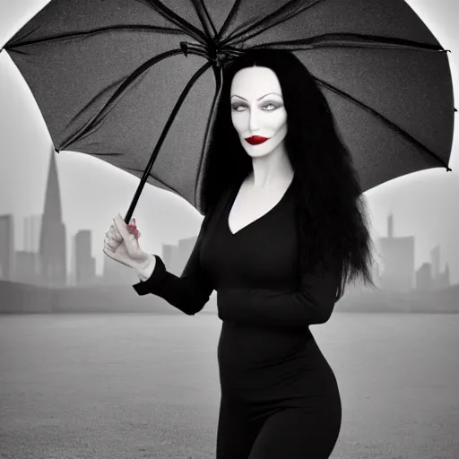 Prompt: morticia addams holding a parasol during a [ humid, rainy day ] as she saunters across the city, closeup!!!, photorealistic facial features, trending on artstation, 4 k photorealism, unsplash, shot by jimmy nelson