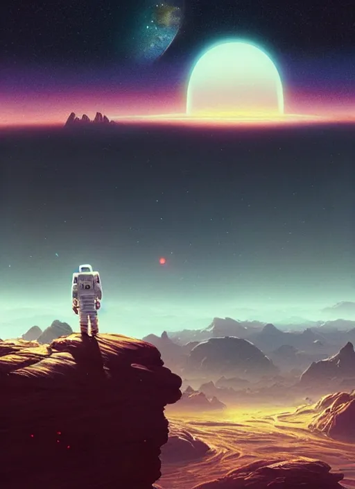 Image similar to a lonely astronaut overlooking at an amazing alien landscape and the universe, digital art, breathtaking, golden ratio, extremely detailed, establishing shot, hyperrealistic, cinematic lighting, particles, unreal engine, simon stålenhag, rendered by Beeple, Makoto Shinkai, syd meade, simon stålenhag, Ruan Jia, Kentaro Miura, environment concept, artstation, octane render, 4K UHD image