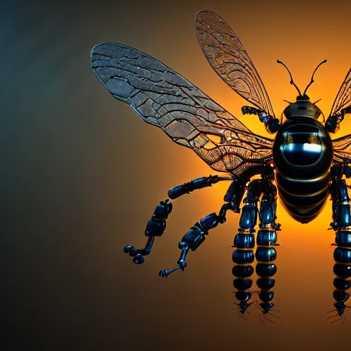 Image similar to A photorealistic 3d render of a robot Bee made of circuits wide view shot by ellen jewett , tomasz alen kopera and Justin Gerard symmetrical features, ominous, magical realism, texture, intricate, ornate, royally decorated, android format, windows, many doors, roofs, complete house , whirling smoke, embers, red adornments, red torn fabric, radiant colors, fantasy, trending on artstation, volumetric lighting, micro details, 3d sculpture, ray tracing, 8k