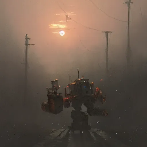 Image similar to gigantic steampunk mecha walking, dense fog,, sunset, trending on artstation, jakub rozalski