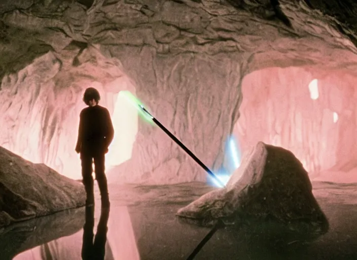 Prompt: detailed protrait photo of Luke skywalker using his lightsaber to light up a dark pinks hazy ethereal cave and discover the ancient jedi texts. kubrick. screenshot from the 1985 film, Photographed with Leica Summilux-M 24 mm lens, ISO 100, f/8, Portra 400