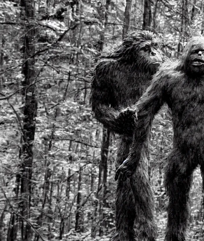 Image similar to bigfoot vs. mothman, cryptid battle, found footage, eerie, foreboding