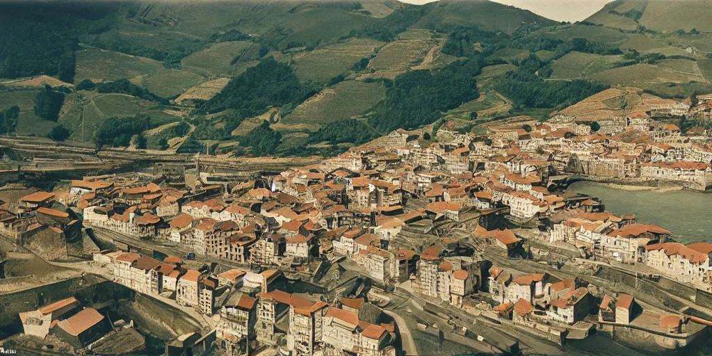 Prompt: aerial view of the village of zumaia in the basque country, 1 9 7 8, kodachrome