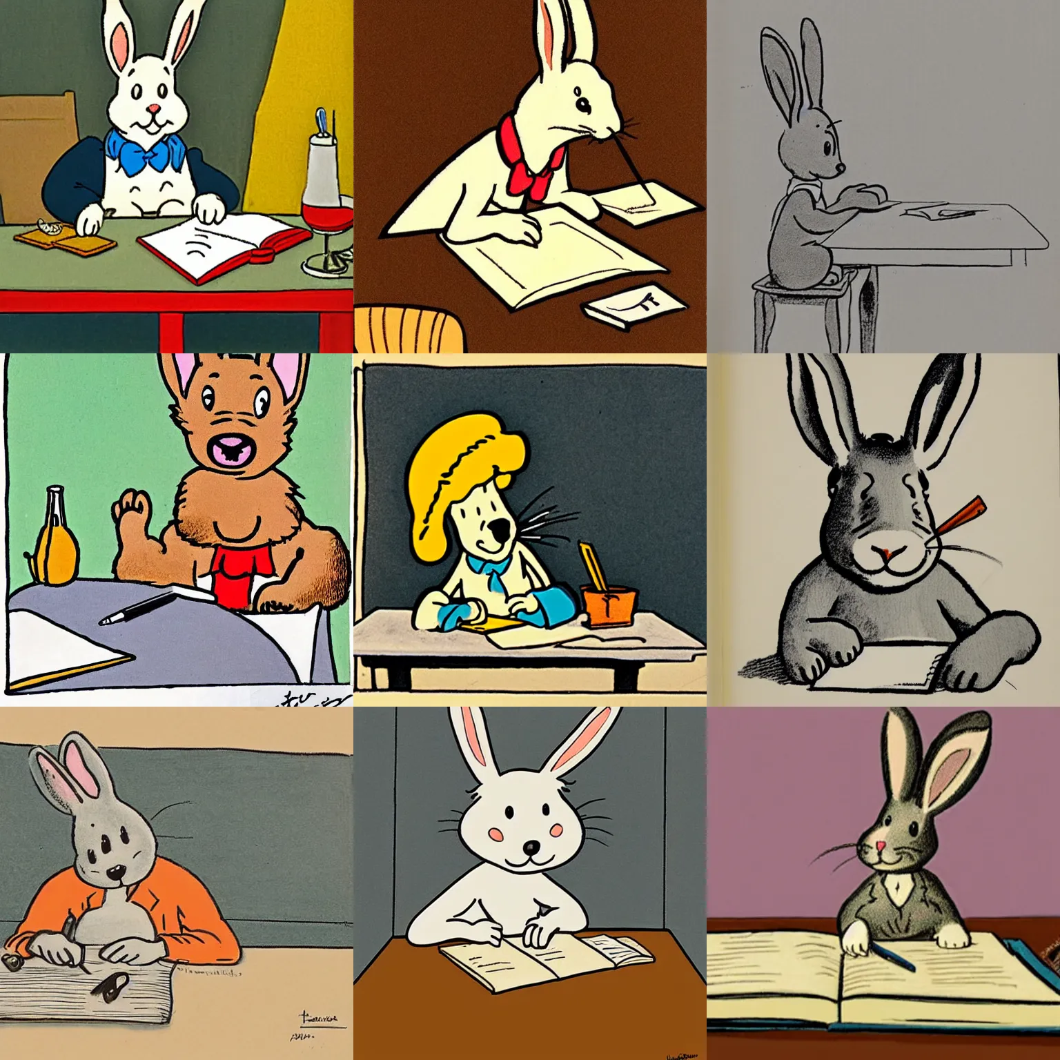 Prompt: a cute cartoon rabbit happily sitting at a table and writing on a notebook, Hergé