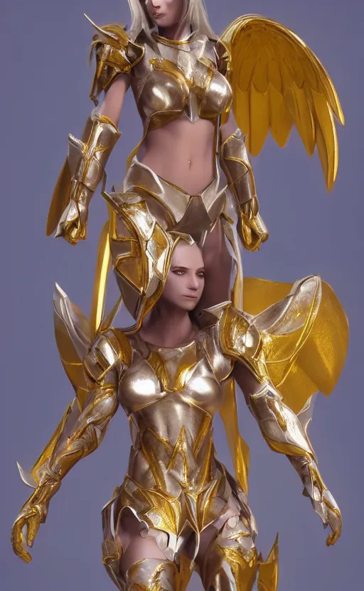 Image similar to Concept art, angel knight girl in golden and silver armor adorned with sapphire gems, artstation trending, octane render, cinematic, highly detailded