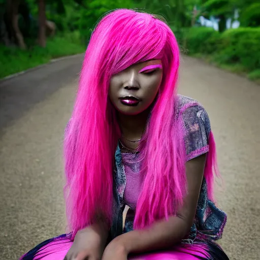 Image similar to asian - african woman with pink - dyed hair wearing alternative clothing, 8 k, portrait