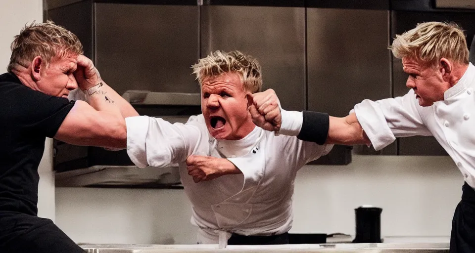 Image similar to photo of angry furious Gordon Ramsay punching Gordon Ramsay at the kitchen