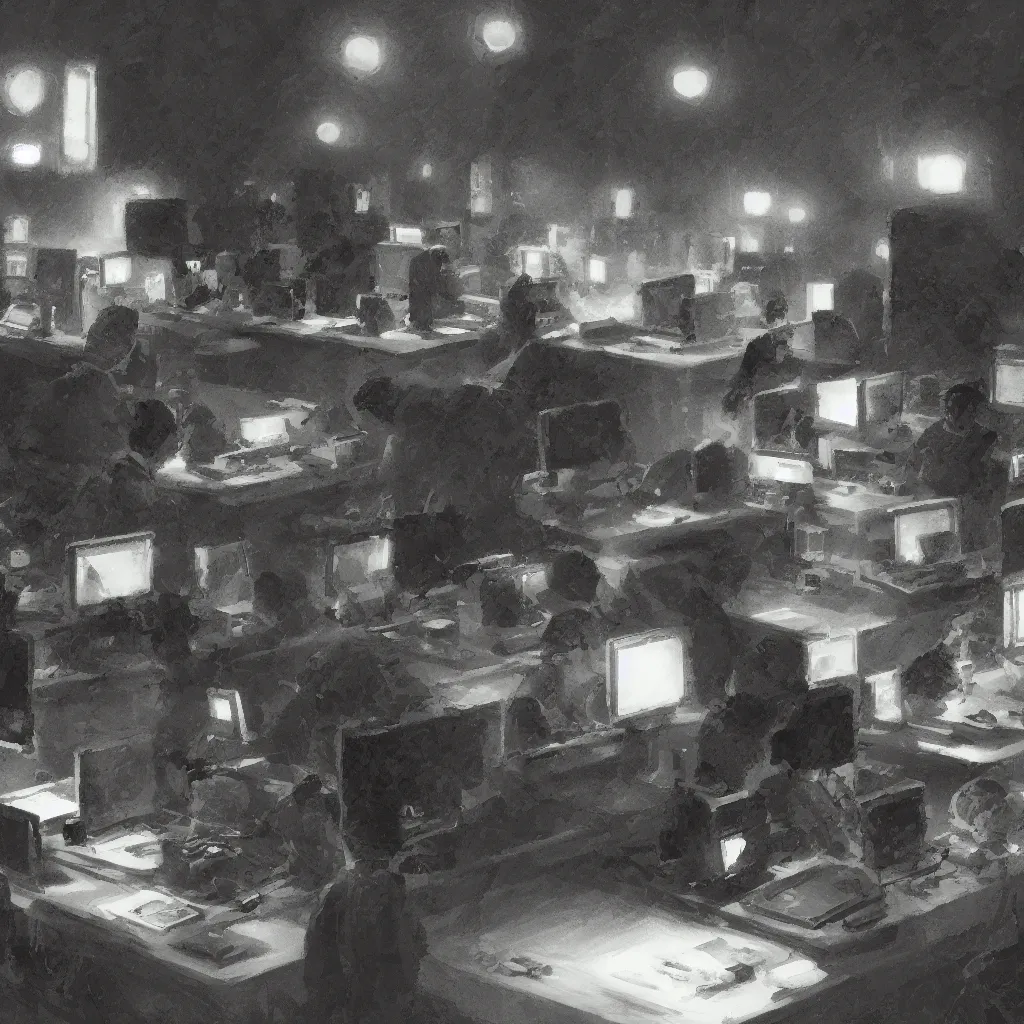 Image similar to computer club, dark image, highly detailed, digital painting, trending in artstation, concept art, smooth, sharp focus, art by max liebermann