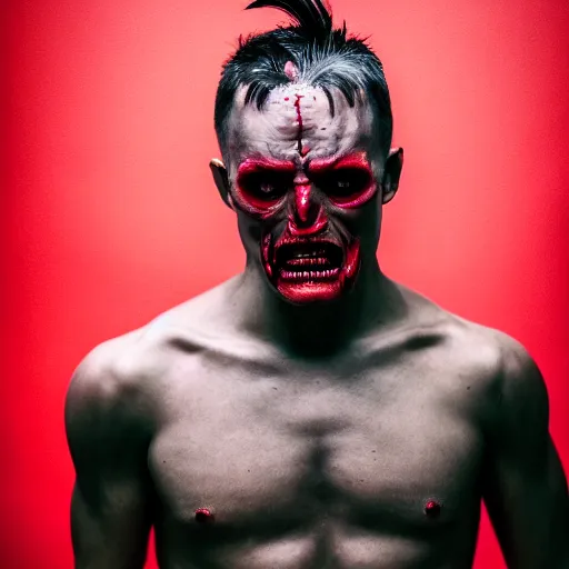 Image similar to A demon, four eyes, four hands, four legs, red skin, epic lighting, taken with Sony a7R camera, EOS-1D, f/1.4, ISO 200, 1/160s, 8K, RAW, unedited, symmetrical balance, in-frame