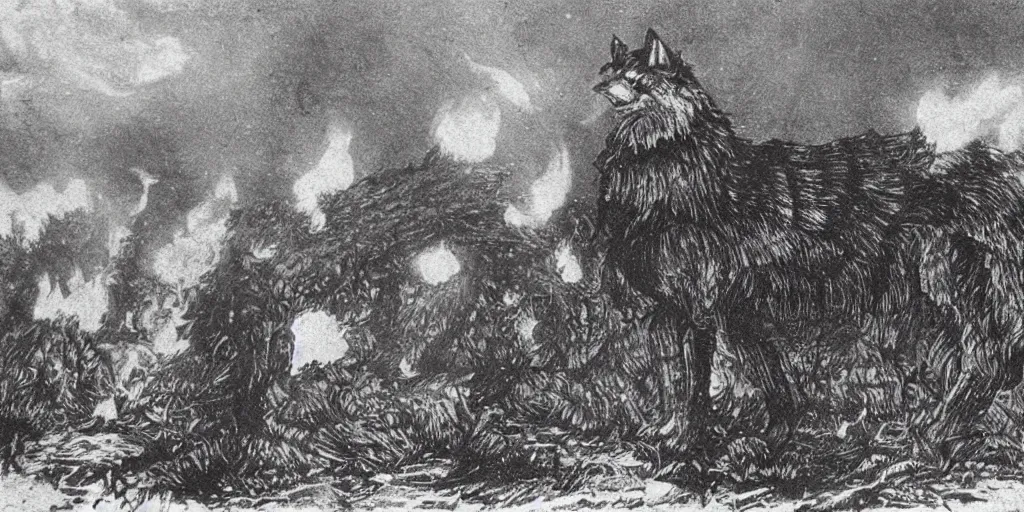 Image similar to anthropomorphic furry wolf in armor standing in front of a burning village, 1900s picture