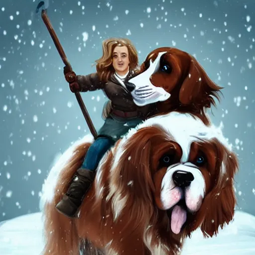 Image similar to girl riding giant saint bernard in the snow, trending on artstation