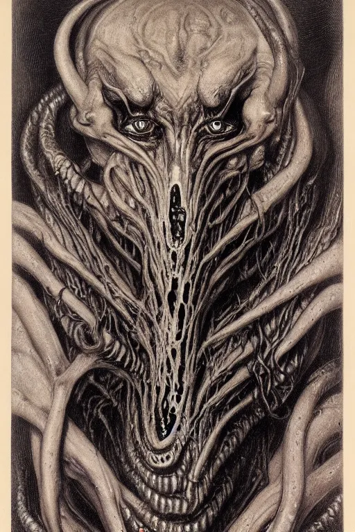 Image similar to portrait of an infernal eldritch demon with snakelike limbs by wayne barlowe and dante gabriel rosetti