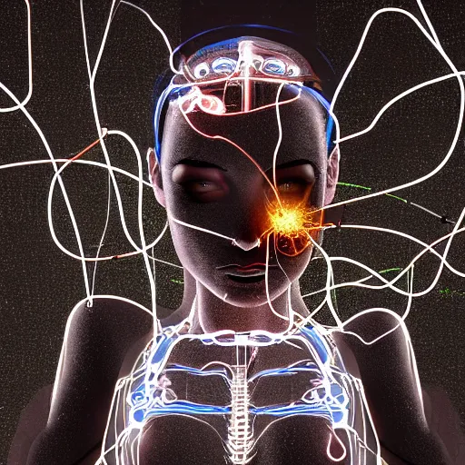 Image similar to in a dark room, a female cyborg with translucent skin showing circuitry and loose wires exploding into particles