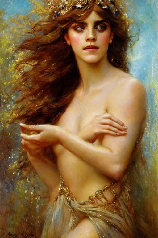 Image similar to portrait of emma watson as the goddess aphrodite. art by gaston bussiere.