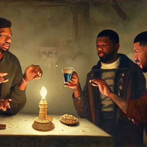 Image similar to 2 1 savage and 5 0 cent and drake huddled around a table with a lantern in a dark pub like in the denial of st. peter by gerard seghers