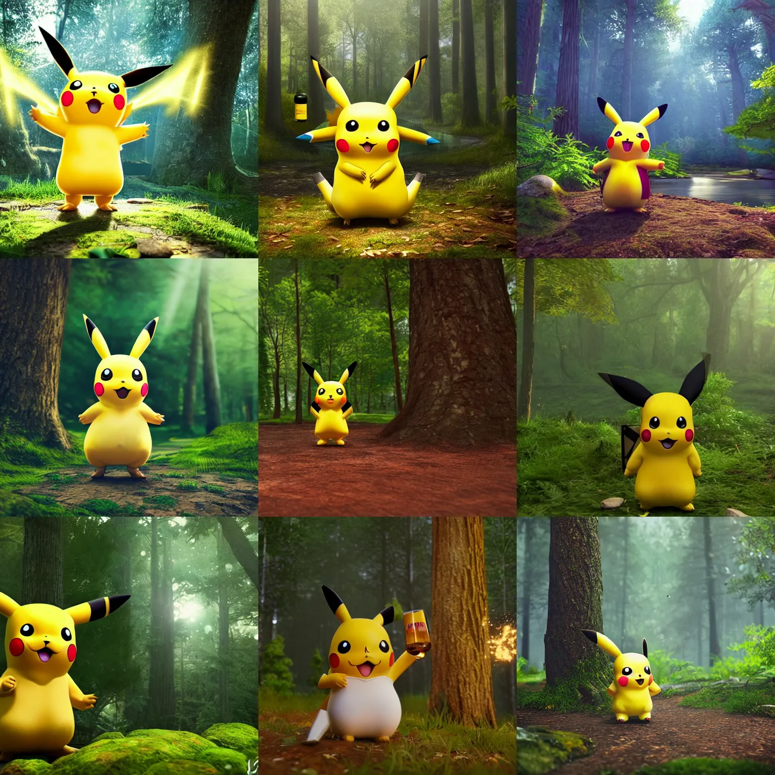 Prompt: a magical pikachu in a forest drinking beer, digital art, wide shot, highly detailed, hyperrealistic, photorealistic, unreal engine 5, very detailed, made by a professional 3d artist, dynamic lighting, trending on artstation, 4k uhd, epic composition, masterpiece