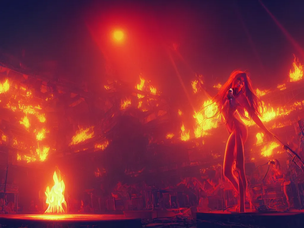 Image similar to live concert promotional photograph of a female rock singer in concert in hell, brightly lit stage centered and on fire, high contrast, stage lighting, pyrotechnics, ghibli animated film, volumetric lighting, octane render by stanley artgerm lau, greg rutkowski, thomas kindkade, alphonse mucha, loish, norman rockwel,