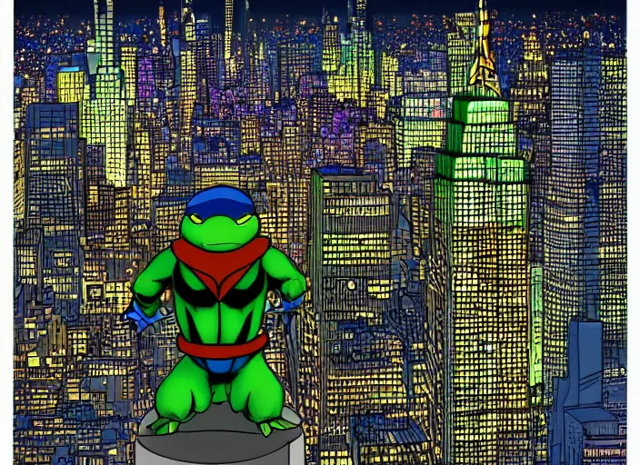 Prompt: highly detailed cell shaded image of the ninja turtle raphael vigilantly watching over a beautiful new york city skyline at night. vivid color. trending on artstation