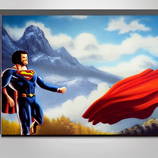 Image similar to a closeup photorealistic photograph of bob ross working on a canvas painting of superman. film still. brightly lit scene. mountains and trees. this 4 k hd image is trending on artstation, featured on behance, well - rendered, extra crisp, features intricate detail, epic composition and the style of unreal engine.