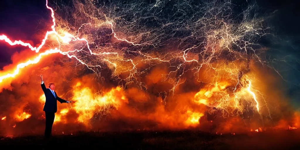 Image similar to donald trump shooting fire from his hands, colorful hd picure, lightning in the background