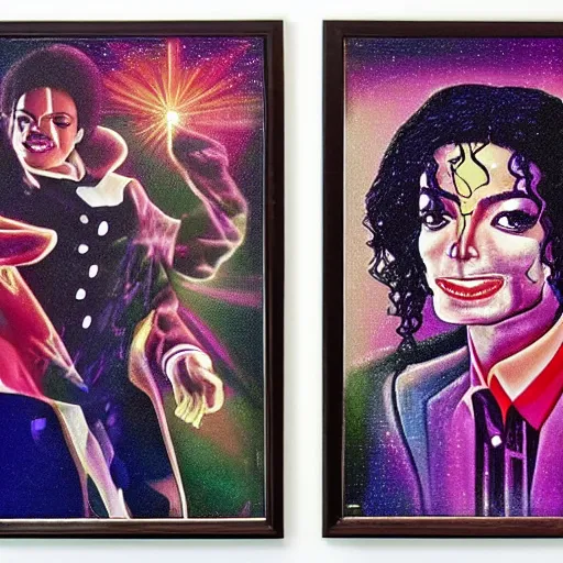 Prompt: holographic triptych depicting the emancipation of michael jackson