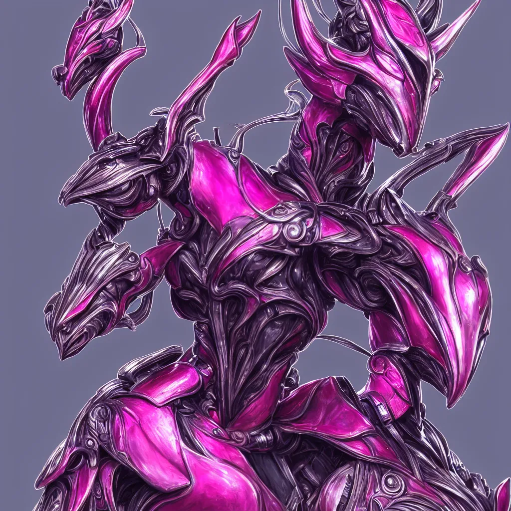 Image similar to extremely detailed bust shot of a goddess that's a giant beautiful stunning anthropomorphic robot female dragon, standing majestically over mountains, elegant pose, streamlined shiny silver metal armor, fuchsia skin below the armor, sharp metal claws, long elegant tail, detailed warframe fanart, high quality digital art, giantess art, furry art, warframe art, furaffinity, DeviantArt, 8k HD, octane render