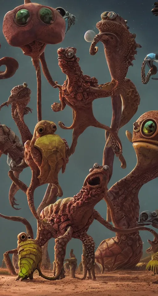Prompt: a strange bird turtle octopus giraffe chimera creature waiting for the bus with other monsters, on an alien planet, in the style of shaun tan and sam shearon and gaston bussiere, close up, glossy, beautiful, fantastic, wonderful, science fiction, dramatic lighting, high contrast, 3 d sculpture 8 k octane render