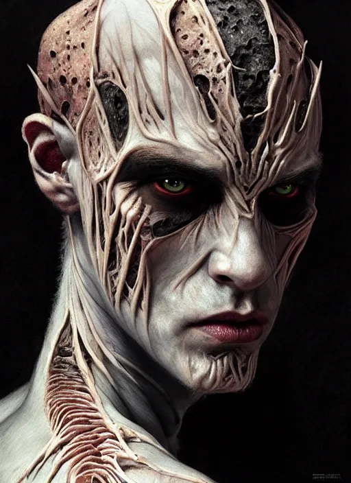 Image similar to half demon half human man intricate skin pattern texture, elegant, peaceful, playful full body, white horns, hyper realistic, extremely detailed, dnd character art portrait, dark fantasy art, intricate fantasy painting, dramatic lighting, vivid colors, deviant art, artstation, by edgar maxence and caravaggio and michael whelan and delacroix.