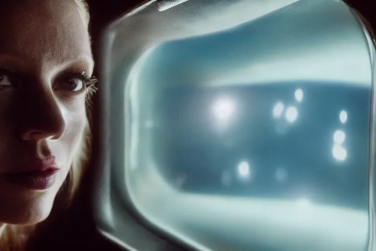 Image similar to a cinematic portrait of an alien creature, inside of spaceship looking out of a small rainy window, beautiful lighting, high depth, ultra realistic, artistic, by annie leibovitz and zack snyder