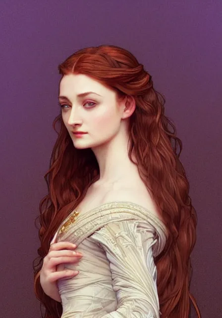 Prompt: sansa stark in purple dress with long hair, intricate, elegant, highly detailed, digital painting, artstation, concept art, smooth, sharp focus, illustration, art by artgerm and greg rutkowski and alphonse mucha and william - adolphe bouguereau