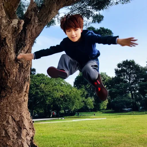 Image similar to Photo of Jeon Jungkook at 10 years old flying over a tree, realistic, real life, detailed picture, 8k, 35mm focal length