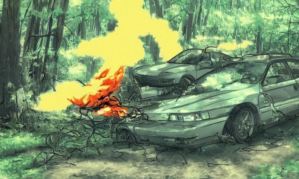 Image similar to a car exploding in a forest, anime style, highly detailed