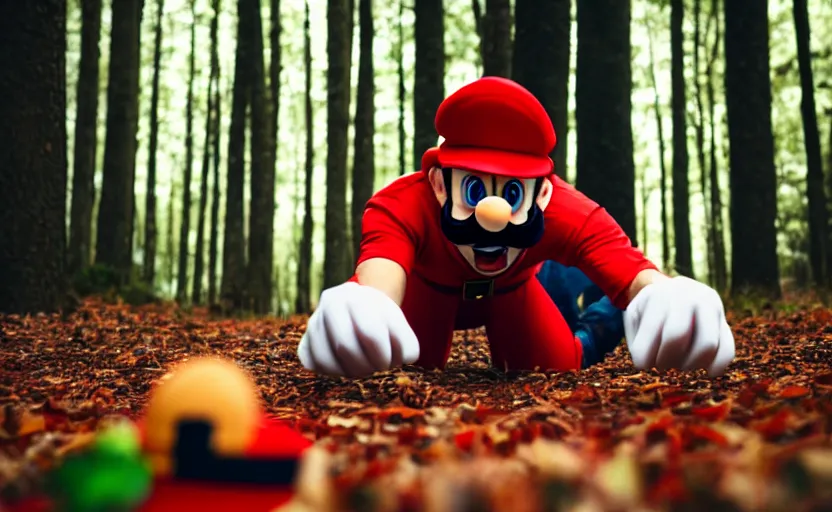 Image similar to italian man with a mustache dressed as mario wearing a solid red mario hat, crawling on the ground, excited face, eyes rolled back, drooling, licking a red mushroom with white spots, in a forest, photography, 5 0 mm lens, f 1. 8